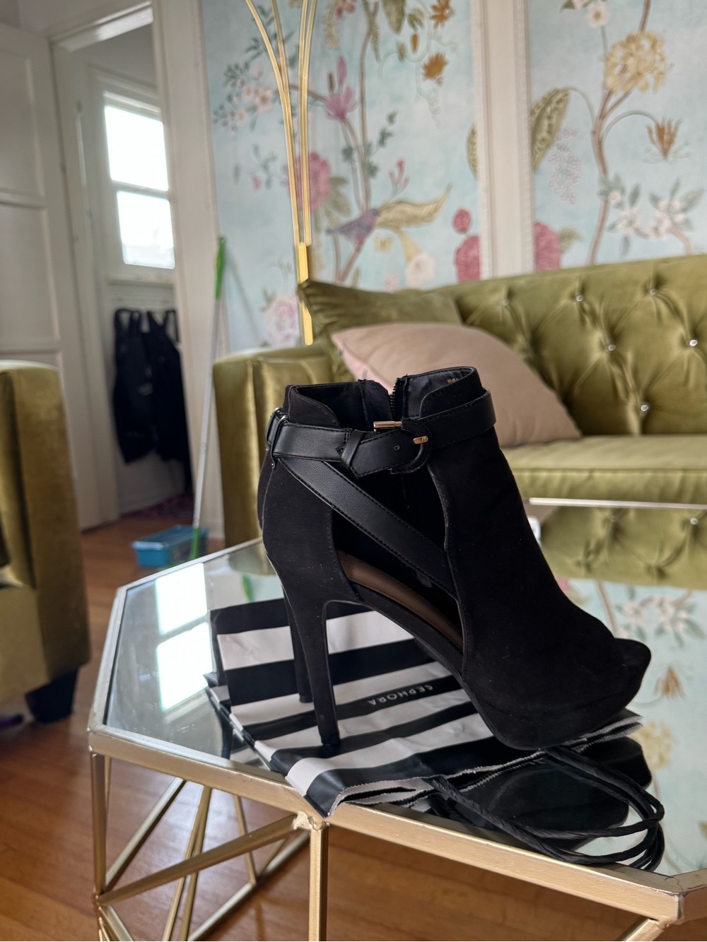 Black Suede Peep-Toe Ankle Booties with Strap